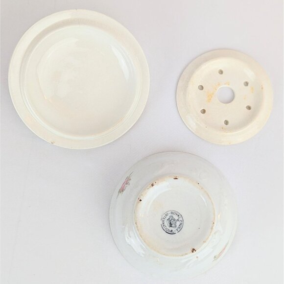 Antique Porcelain Butter Dish 1900s Pink Roses Gold Trim w/Lid and Drip Insert - Picture 6 of 10